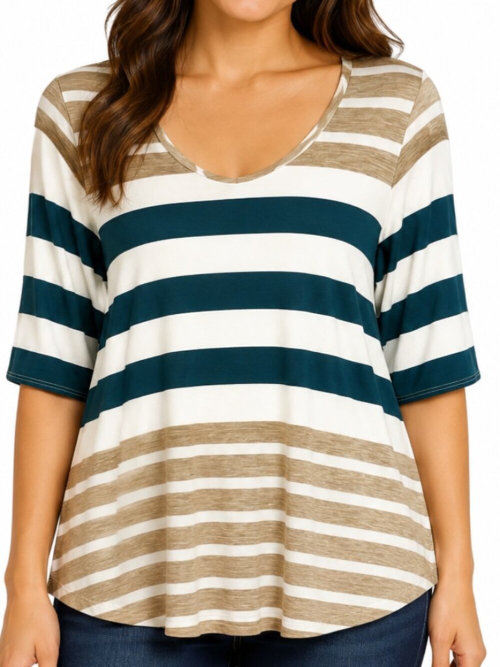 Puella Anthropologie Teal Tan White Striped Layered Back Cut Out Scoop Neck Top